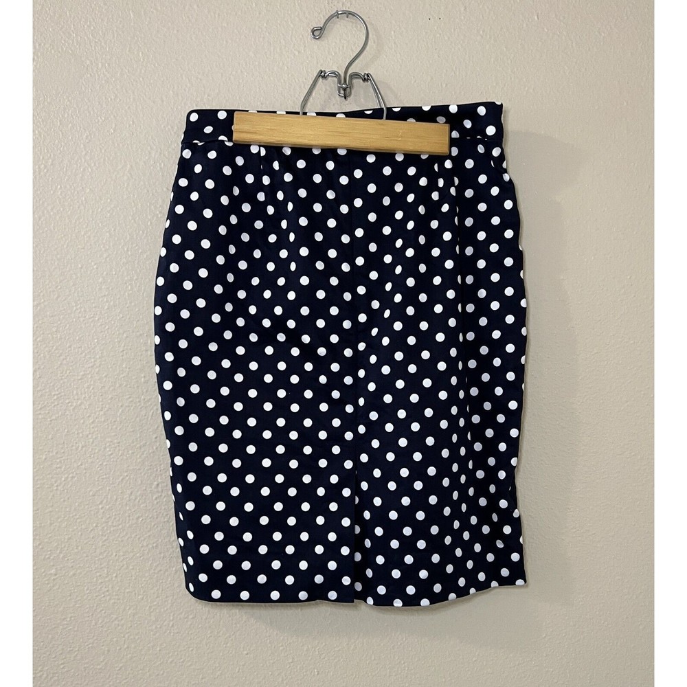 J. Crew Pencil Skirt Size: 0 Navy Blue/White Polka Dot Back Zip Slit - Picture 2 of 8